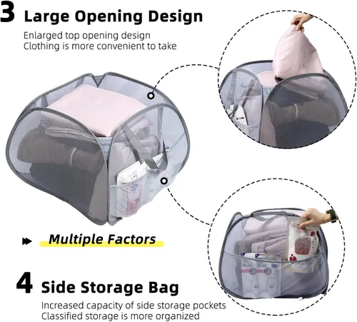 Miniatura 4 de Cesta de lavandería plegable, cesta de ropa plegable emergente de 90L con asas, cesta de ropa sucia de malla cuadrada para lavandería, baño