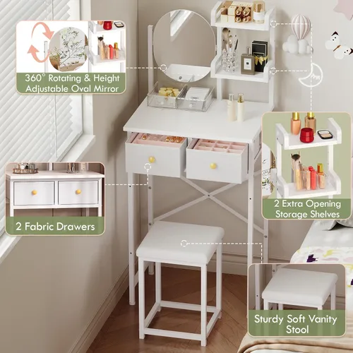 Miniatura 2 de Mesa de tocador pequeña de 19.7" de ancho con espejo y silla, juego de mesa de maquillaje mini y linda con 2 cajones de almacenamiento de tela