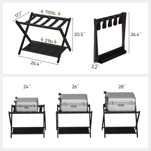 Miniatura 3 de Smart FENDEE Portaequipajes, portaequipajes plegable para habitación de invitados, soporte de maleta de bambú marrón con capacidad para hasta 131
