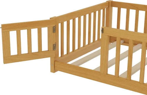 Miniatura 9 de Harper & Bright Designs Cama Montessori de madera tamaño individual, cama de piso con rieles altos, listones y puerta, marco de cama de madera