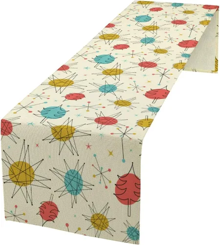 Camino de mesa de mediados de siglo, estrellas atómicas vintage de los años 50, formas geométricas abstractas, caminos de mesa, bufandas, decoración