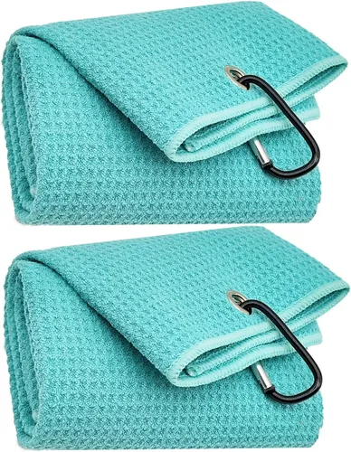 Miniatura 10 de Juego de 2 toallas de microfibra de tres pliegues con clip de mosquetón, toallas de golf con patrón de gofre para bolsas, toallas deportivas al aire