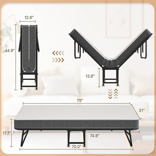 Miniatura 2 de Cama plegable de 75 x 38 pulgadas con colchón para adultos, cama plegable portátil con colchón de espuma viscoelástica y marco súper fuerte