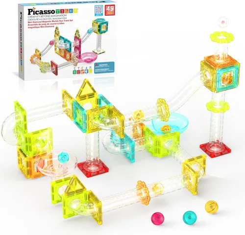 Miniatura 10 de PicassoTiles Carrera de Canicas Juego de 60 piezas, pista de carreras, bloques de construcción magnéticos, juguete educativo, kit de construcción