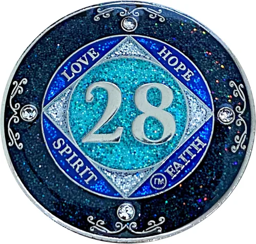 Miniatura 30 de NA 1 año de cristales y medallón de purpurina, moneda chapada en color plateado, arco iris negro, purpurina azul y cuatro cristales transparentes