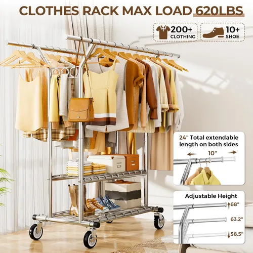 Miniatura 2 de HYSEYY Perchero de ropa resistente, perchero de ropa rodante con estantes con carga de 620 libras, percheros de ropa de doble barra para colgar