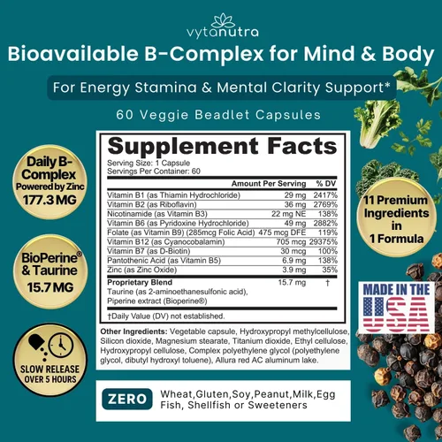 Miniatura 3 de Plus B 11 en 1 Beadlet Capsule – Complejo B completo con B1, B2, B3, B5, B6, B7, B9, B12 – Liberación cronometrada para energía, vitalidad, cerebro