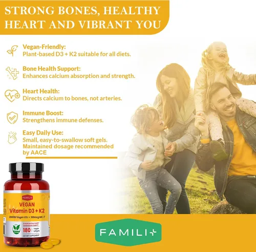 Miniatura 9 de FAMILI+ 180 Días de Vitamina Vegana D3+K2 en Cápsulas Blandas con Aceite de MCT de Coco 2000UI de Vitamina D3 de Fuente Vegetal + 100 mcg