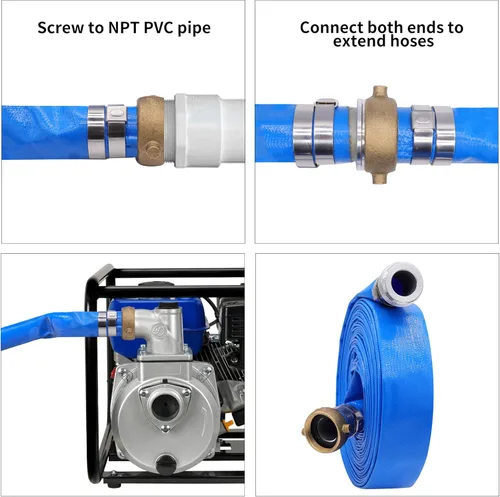 Miniatura 6 de Manguera de descarga de bomba de agua plana de PVC de 2" x 50 pies con accesorios de orejeta con pasador de aluminio, ensamblaje de manguera