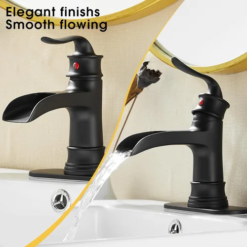 Miniatura 6 de FRANSITON Grifo de cascada de baño con una sola manija, un agujero, acabado negro mate, grifos de lavabo con boquilla grande (negro mate)