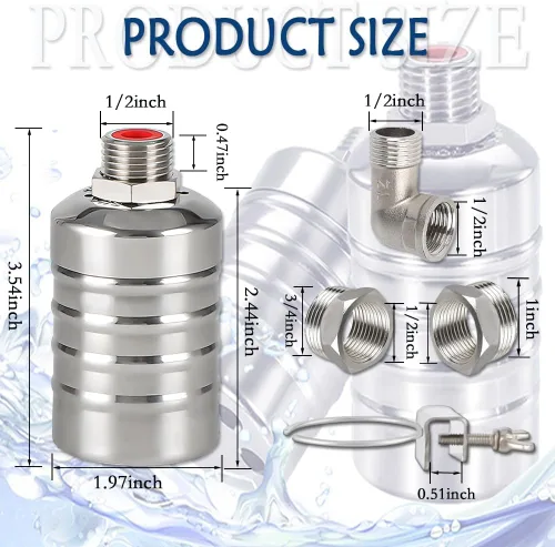 Miniatura 2 de Válvula de flotador, válvula de flotador de control de nivel de agua de 1/2" a 3/4" 1", válvula de cierre de agua totalmente automática de acero