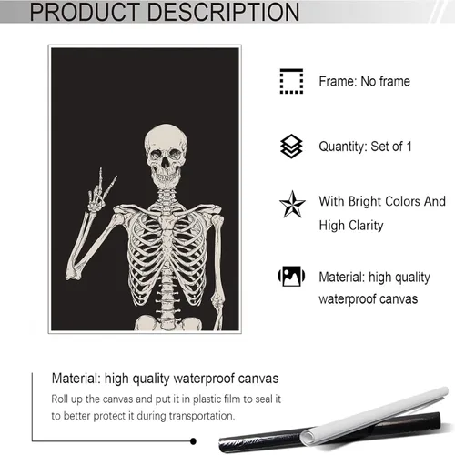 Miniatura 7 de Divertido lienzo de esqueleto negro para pared, decoración espeluznante, póster de Halloween, impresión de señal de paz con la mano alta, huesos