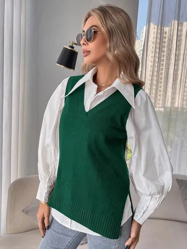 Miniatura 3 de Romwe Suéter de punto con cuello en V para mujer, color liso, con abertura lateral, sin mangas, holgada, blusa sin mangas
