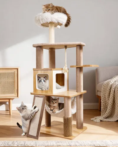 Miniatura 8 de Torre moderna de árbol para gatos de interior de 61 pulgadas, torre de escalada de lujo con salón de felpa, condominios para gatitos, hamaca