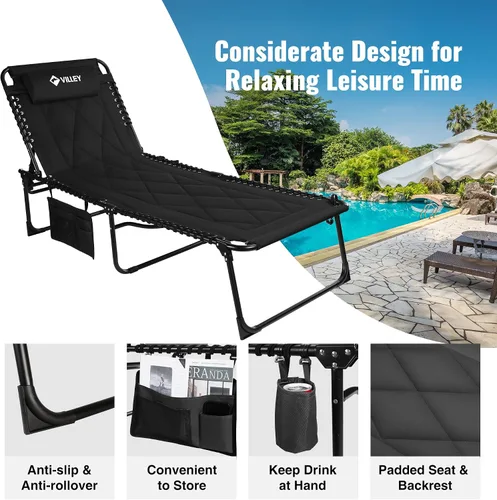 Miniatura 5 de VILLEY Hamaca reclinable extra grande acolchada con cojín, cuna de camping plegable, sillas de salón reclinables para patio, cama plegable