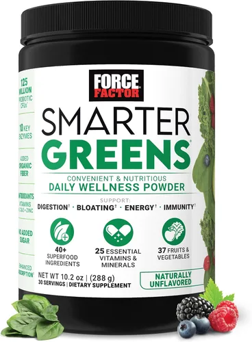Force Factor Polvo de bienestar diario Smarter Greens, polvo de superalimento de verduras para apoyar la salud intestinal, hinchazón y digestión,