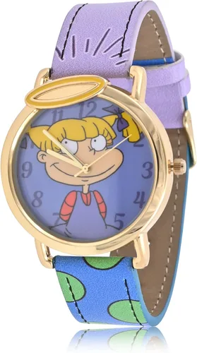 Nickelodeon Rugrats Angelica - Reloj analógico de cuarzo con correa impresa colorida, esfera fácil de leer con caja dorada - Divertido reloj de