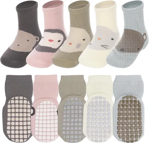 5 pares de calcetines de agarre para bebé, calcetines de algodón con agarre para niños pequeños, niños y niñas de 12 a 36 meses