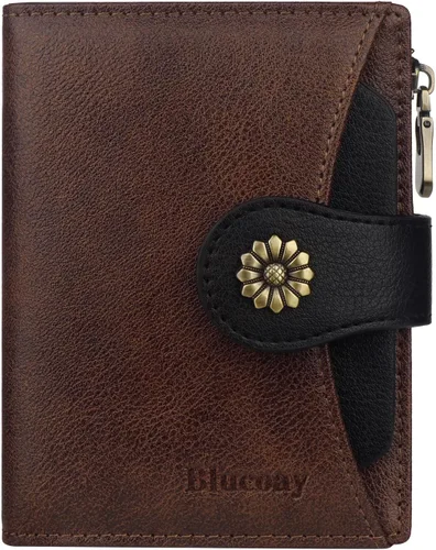 Miniatura 21 de Billetera para mujer, con bloqueo RFID, de piel de microfibra, compacta, plegable, con ventana de identificación extraíble (marrón)