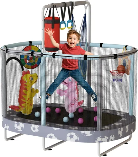 LAMERGE Trampolín redondo 7 en 1 de 55 pulgadas para niños y niñas de 1 a 8 años, trampolín para interiores y exteriores para diversión, barandilla