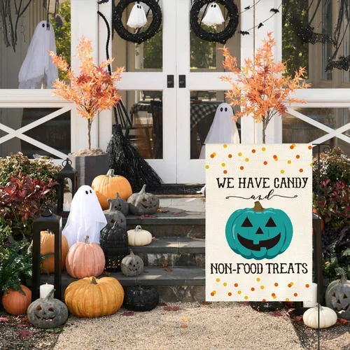Miniatura 2 de AVOIN colorlife Bandera de jardín de calabaza verde azulado Jack-O'-Lantern de doble cara, con texto en inglés "We Have Candy Non-Food Treats
