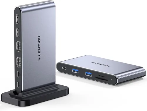 LENTION Estación de acoplamiento para portátil USB C desmontable 10 en 1 con HDMI dual 4K a 60Hz, carga PD, USB C, USB-A, lectores de tarjetas