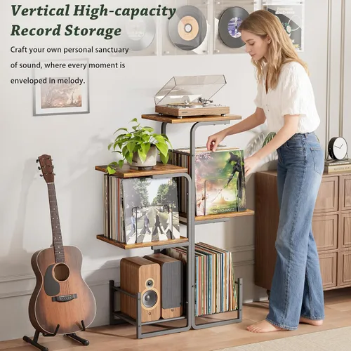 Miniatura 2 de Bikoney - Soporte para tocadiscos inspirado en jardineras con gran almacenamiento de vinilo, mesa de tocadiscos vintage con estante para LP