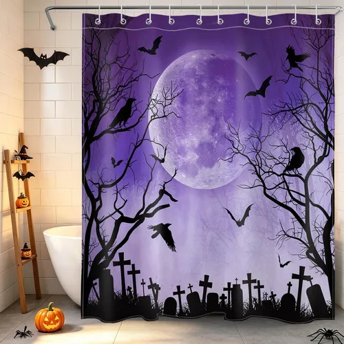 Miniatura 26 de Cortina de ducha de Halloween, cuervo negro, murciélago y árbol muerto en un bosque brumoso espeluznante con ganchos, cortina de baño de noche