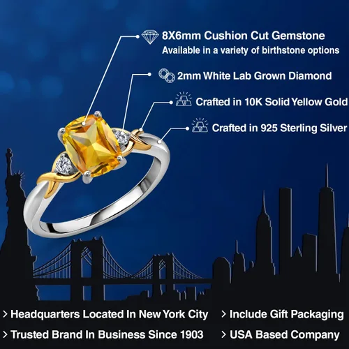 Miniatura 69 de Gem Stone King Anillo de compromiso de 3 piedras preciosas de plata 925 y oro amarillo de 10 quilates de 0.315 x 0.236 in de talla cojín y diamante