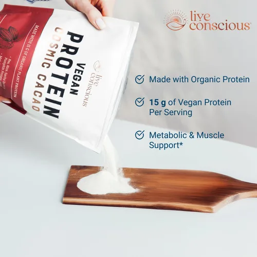 Miniatura 4 de Live Conscious Cosmic Cacao - Proteína en polvo vegana orgánica, sabor a chocolate, mezcla a base de plantas, proteína de guisante, arroz integral