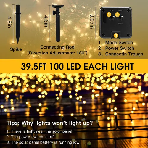 Miniatura 6 de Vimorg Guirnalda de luces solares para exteriores, paquete de 2 luces solares de Navidad de 79 pies, 200 LED, impermeables, con 8 modos