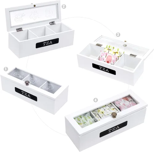 Miniatura 3 de Organizador de bolsas de té, organizador de bolsas de té de madera blanca con 3 compartimentos, organizador de soporte de té, caja de almacenamiento