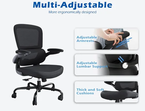 Miniatura 5 de TRALT Silla ergonómica de oficina, silla de escritorio con soporte lumbar ajustable, silla de computadora cómoda de malla con reposabrazos Negro