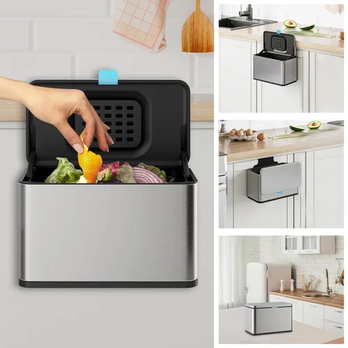 Miniatura 8 de Basurero colgante de acero inoxidable con tapa y cubo interior, contenedor de compost de cocina de 2 galones para encimera, debajo del fregadero