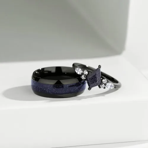 Miniatura 6 de Anillos de promesa personalizados para parejas, anillos negros a juego para parejas, anillo grabado de piedra arenisca azul en forma de cometa