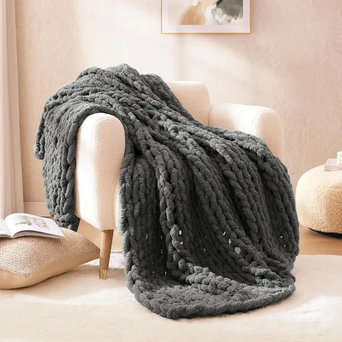 WRENSONGE Manta de Punto Grueso Gris Oscuro Grande Suave Esponjosa Manta de Cable Tejido a Crochet 100% Tejida a Mano para Sofá Cama (50"x60")