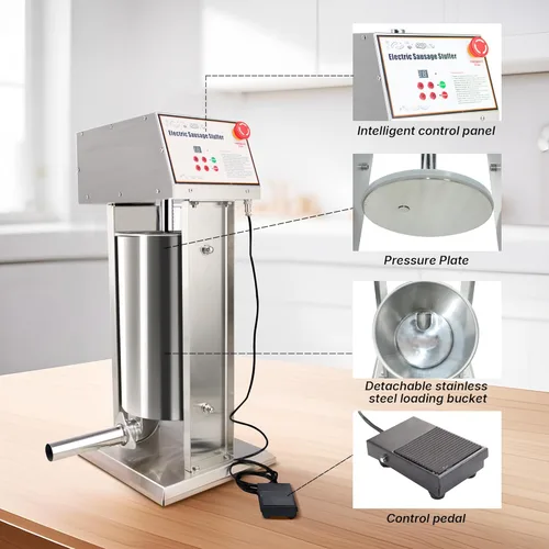 Miniatura 5 de Relleno de salchichas eléctrico comercial, de acero inoxidable, máquina de salchichas vertical de 12 litros/25 libras con 4 tubos S/S, relleno