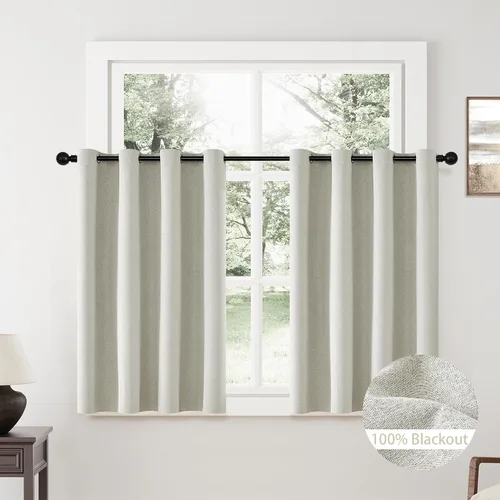 Miniatura 75 de ChrisDowa Cortinas 100% Opacas de Abedul Sólido de 45 Pulgadas de Largo, 2 Paneles para Dormitorio y Sala de Estar, Estilo Granja Oscurecedoras