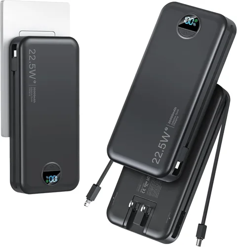Miniatura 13 de Cargador ultraportátil de 10000 mAh con cables integrados y enchufe de pared de CA, cargador de teléfono celular de carga rápida PD20W USB-C, Púrpura