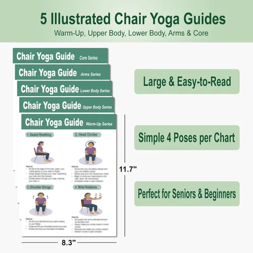 Miniatura 2 de Póster de Yoga en Silla para Personas Mayores y Principiantes – Juego de 5 Guías Ilustradas y 5 Desafíos de 30 Días, Tablas de Ejercicios Sentados