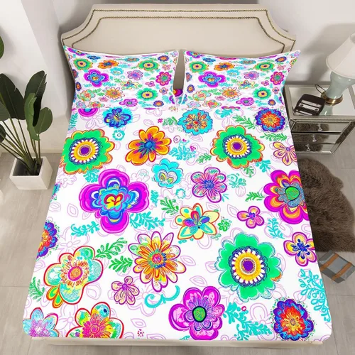 Miniatura 13 de Juego de ropa de cama de flores Groovy de los años 70, sábana bajera ajustable de flores de arco iris para niños y niñas, sábanas de ropa de cama