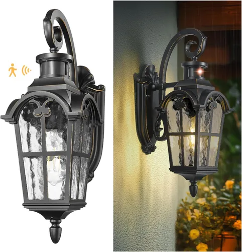 Miniatura 19 de Emliviar Aplique de Pared Vintage para Exteriores con Vidrio de Ondas de Agua, Linterna de Pared para Porche Delantero de 17.5", Acabado Negro