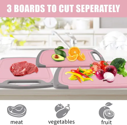 Miniatura 3 de Juego de 4 tablas de cortar de plástico para cocina, con patas antideslizantes y ranura profunda para jugo, mango de fácil agarre, aptas