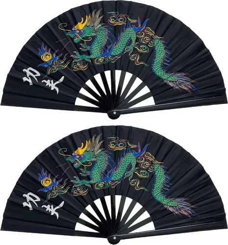 Miniatura 2 de Paquete de 2 abanicos de mano plegables grandes con dragón chino para decoración del hogar, raves, festivales, conciertos, espectáculos - 13 Negro