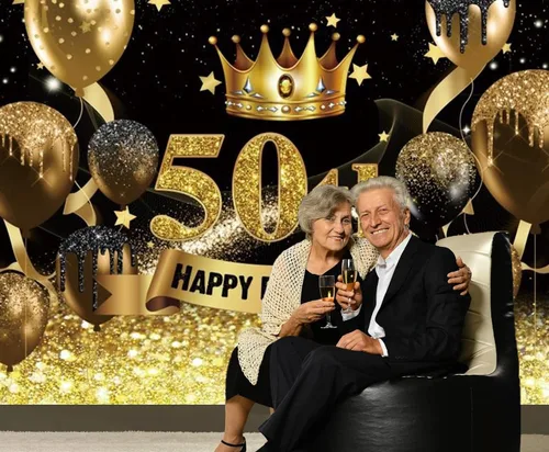 Miniatura 4 de Telón de fondo para fotografía de cumpleaños número 50 para mujeres y hombres, globo con purpurina negra y dorada, telón de fondo para fotos