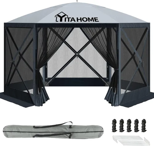 Miniatura 11 de YITAHOME Gazebo de campamento de 12 x 12 pies, toldo portátil desplegable para exteriores, tienda de campaña con pantalla de 6 caras con ventanas