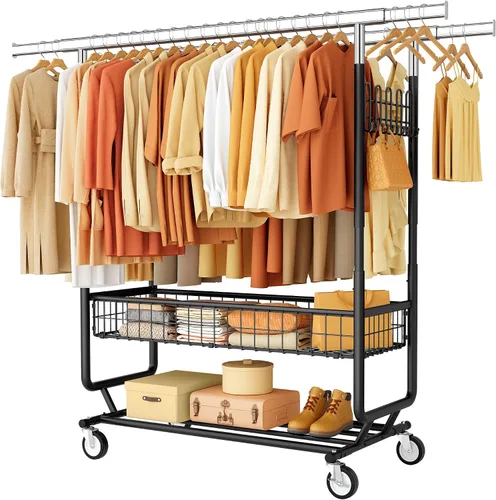 Miniatura 11 de Gewudraw Perchero resistente para ropa con capacidad de carga de 240 kg, estante de ropa de metal con ruedas y estantes resistentes, perchero Plata