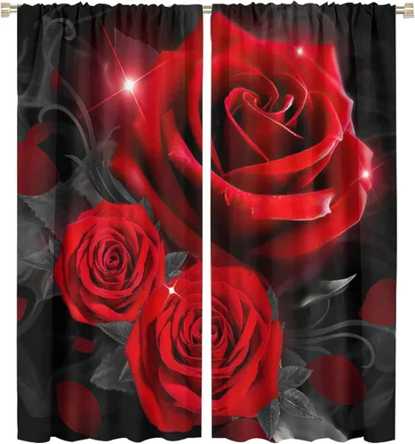 Miniatura 54 de Cortinas opacas con diseño floral de rosas para cocina, retro, rústicas, románticas, con bolsillo para barra, cortinas opacas para dormitorio, sala