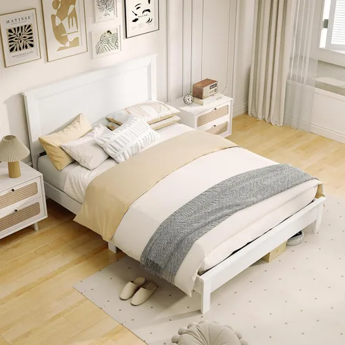 Miniatura 11 de KOMFOTT Armazón de Cama de Plataforma de Madera Tamaño Twin con Cabecero, Cama de Plataforma de Madera de Mediados del Siglo con Soporte de Listones