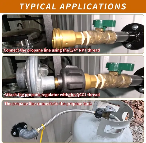Miniatura 4 de 2 tuercas macho 5042 QCC1, adaptador de manguera de montaje de gas propano con rosca de tubo NPT de 1/4 pulgadas y conector QCC tipo 1 macho y POL